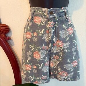 Vintage Floral High-Waist Women's Cotton Shorts Grey Blue with Pink Flowers